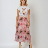 Fustă lungă plisată cu curea și print floral roz
