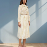 Rochie cu print dungi și flori și curea vernil