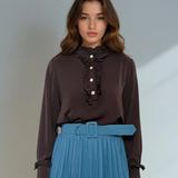 Bluză din voal cu volane la guler și mâneci maro