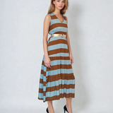 Rochie lungă fără mâneci cu dungi și curea inclusă beige