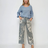 Pantaloni cu print floral și șiret bleu
