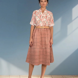 Fustă midi cu buzunare și carouri roz prafuit