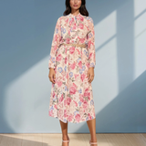 Rochie din voal cu print floral, legătură la guler și curea crem