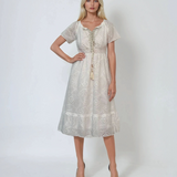 Rochie midi cu broderie și șnur decolteu cu elastic în talie alb