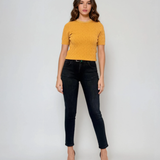 Pulover tricotat cu mânecă scurtă si perle galben