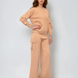 Compleu tricotat casual cu cataramă la buzunare beige