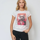 Tricou mulat din bumbac cu print roz cu pisica cu ochelari alb