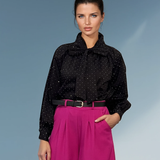 Cămașă din bumbac cu strasuri și fundă negru