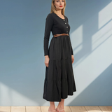 Rochie lungă cu bust din bumbac și curea în talie negru