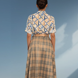 Fustă lungă cloș cu buzunare și carouri turcoaz