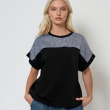 Tricou cu inserție din blugi negru