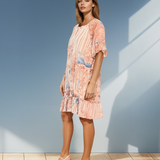 Rochie vaporoasă florală cu volan și mâneci 3/4 beige