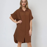 Rochie stil cămașă din in cu dungi maro