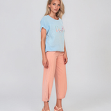 Tricou din in și bumbac cu print Beautiful bleu