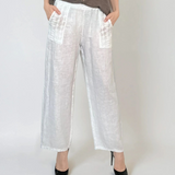 Pantaloni lungi din in cu buzunare croșetate alb