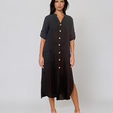 Rochie din in cu nasturi și buzunare negru