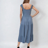 Rochie lungă mulată cu bretele crețe albastru jeans