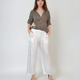 Pantaloni lungi din in cu buzunare croșetate alb