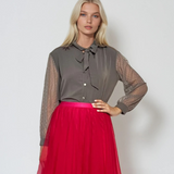 Bluza voal cu mâneci tulle polka dots gri