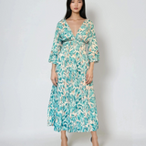 Rochie lungă cu print floral și mânecă clopot aqua
