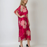 Rochie lungă din mătase naturală și flori mari ciclam