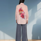 Cămașă damă asimetrică lungă în spate cu print floare roz