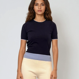 Pulover cu mânecă scurtă și bordură contrast bleumarin