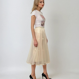 Fustă midi din tulle cu fundițe și aspect satinat crem