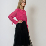 Bluza cu volan din mătase naturală și vascoză ciclam