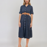 Rochie lungă cu buline mici și curea bleumarin