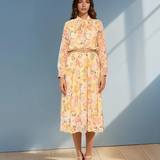 Rochie din voal cu print floral, legătură la guler și curea galben