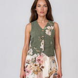Vestă scurtă din in cu print floral kaki
