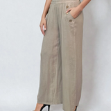 Pantaloni lungi din in cu nasturi decorativi pe buzunare crem