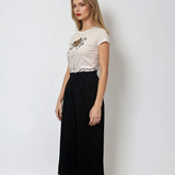 Pantaloni 3/4 din in cu broderie florală și buzunare negru