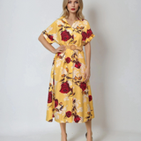 Rochie lunga cu centura in talie print floral galben