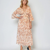 Rochie lungă cu print floral și mânecă clopot beige