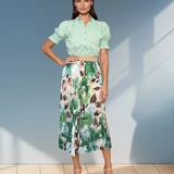 Fustă lungă plisată din satin cu print verde