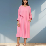 Rochie din bumbac cu flori aplicate și buzunare roz