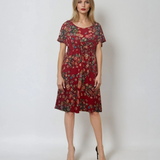 Rochie midi cu print floral și șnur în talie roșu