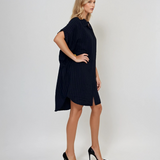 Rochie stil cămașă din in cu dungi bleumarin