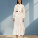 Rochie lungă cu legătură la guler și curea crem