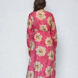 Rochie lungă cu print floral, mânecă lungă, elastic talie, decolteu în V ciclam