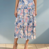 Fustă lungă cu volane și print floral bleu