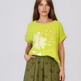 Tricou din in și bumbac cu șiret vernil