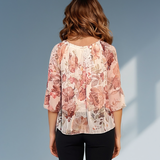 Bluză din voal cu print floral și mânecă 3/4 crem