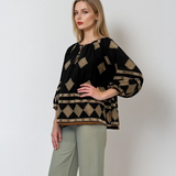 Bluză tip ie din bumbac cu broderie geometrică negru