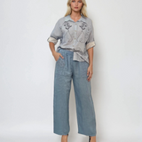 Pantaloni lungi din in cu buzunare croșetate bleu