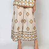 Fustă-pantalon largă cu broderie geometrică și talie elastică alb