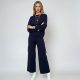 Compleu tricotat casual cu cataramă la buzunare bleumarin