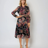 Rochie midi din voal cu print floral și curea negru
